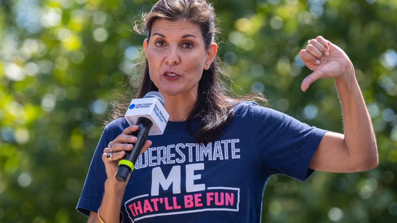 Nikki Haley showing a thumbs down