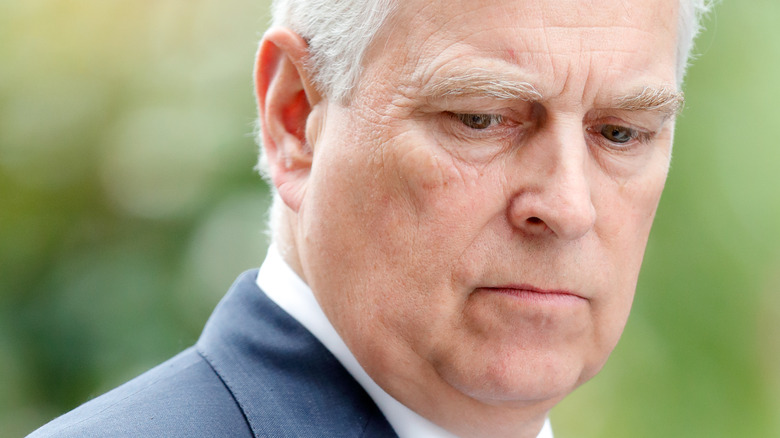 Prince Andrew frowning and looking down