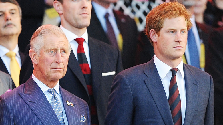 Prince Harry standing next to King Charles in crowd