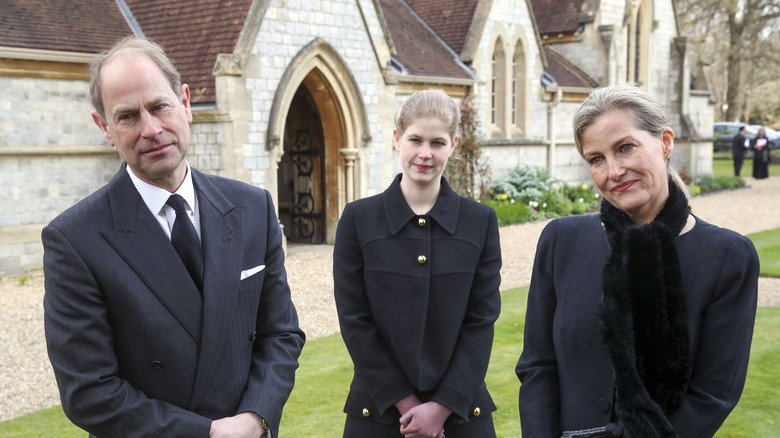 Prince Edward, Lady Louise, Sophie posing outdoors