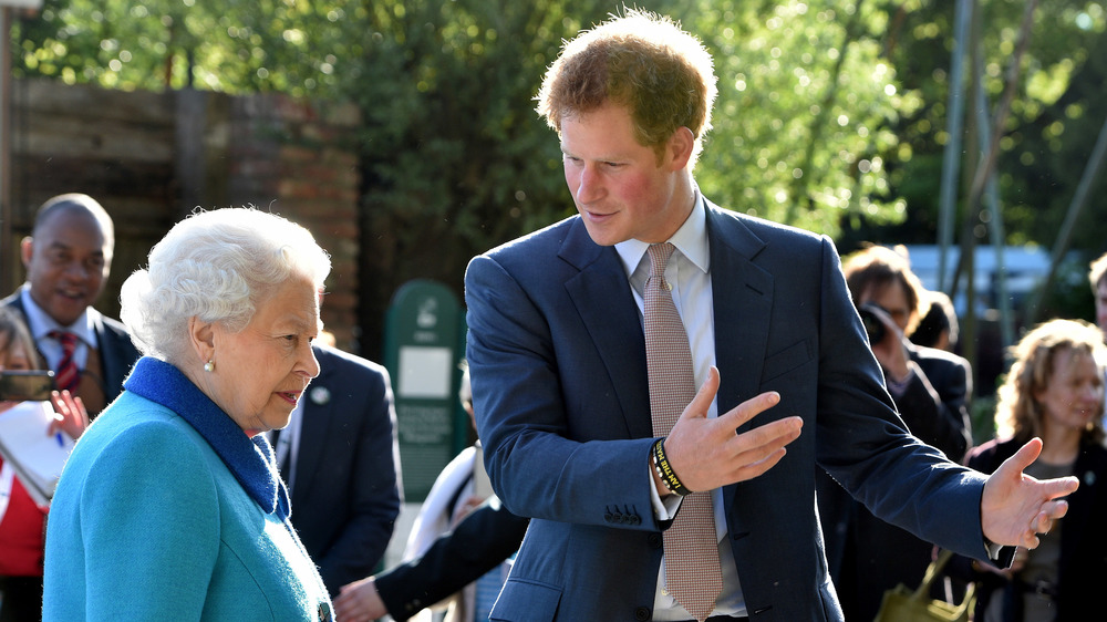 Prince Harry and Queen Elizabeth chatting outside