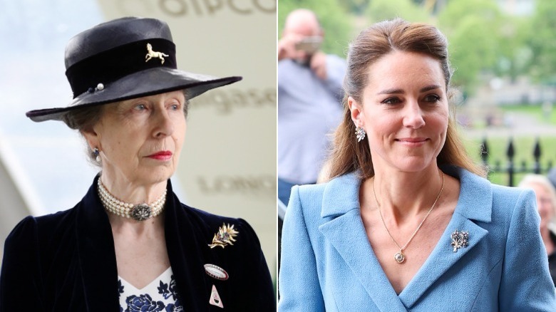 Kate Middleton in blue and Princess Anne in black