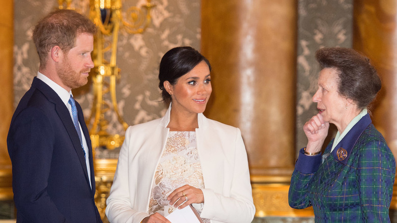 Princess Anne, Prince Harry, and Meghan Markle at an event 