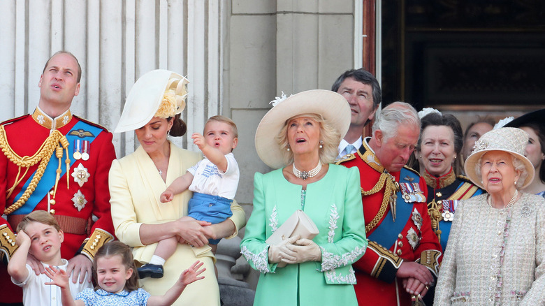 Prince Louis, Prince George, Prince William, Duke of Cambridge, Princess Charlotte, Catherine, Duchess of Cambridge, Camilla, Duchess of Cornwall, Prince Charles, Prince of Wales, Princess Anne, Princess Royal and Queen Elizabeth II during Trooping The Colour