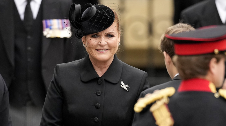 Sarah Ferguson smiling at the queen's funeral