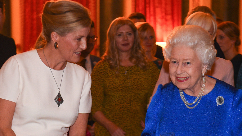 Queen Elizabeth II and Sophie, Countess of Wessex attend a reception to celebrate the work of the Queen Elizabeth Diamond Jubilee Trust at Buckingham Palace on October 29, 2019