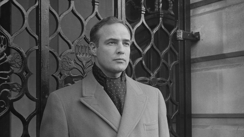 Marlon Brando black and white photo in winter coat