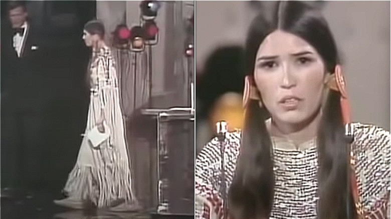 Sacheen Littlefeather in buckskin dress at the Oscars