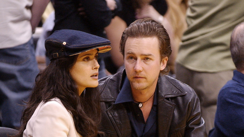 Salma Hayek and Edward Norton at basketball game 