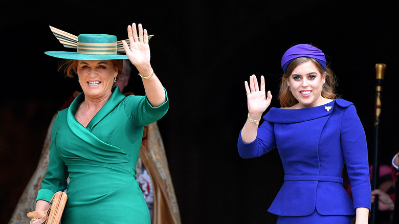 Sarah Ferguson and Princess Beatrice waving