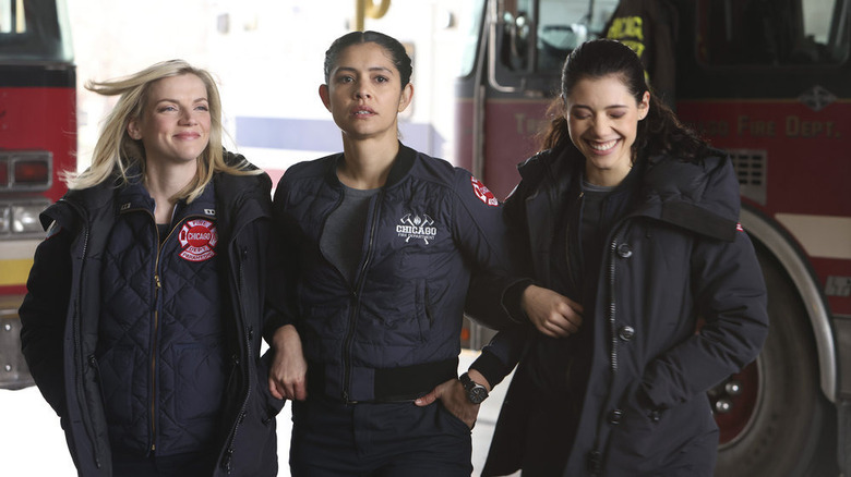 Miranda Rae Mayo in character as Stella Kidd with co-stars on Chicago Fire