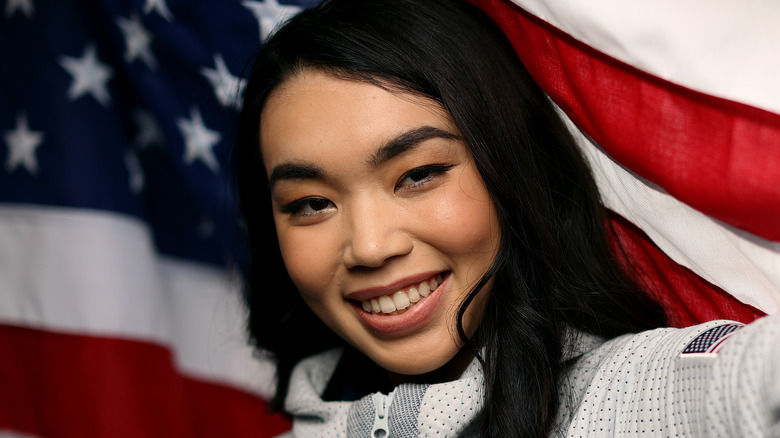 Karen Chen with American flag background