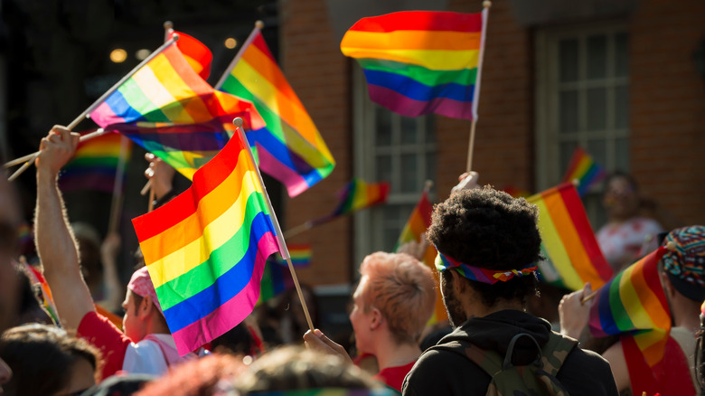 A pride parade crowd with multiple pride flags