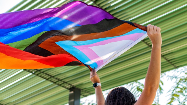 A person flies the Progress Pride flag