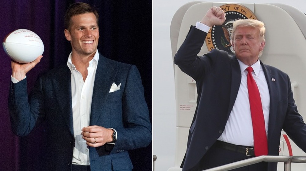 Tom Brady holding football and Donald Trump