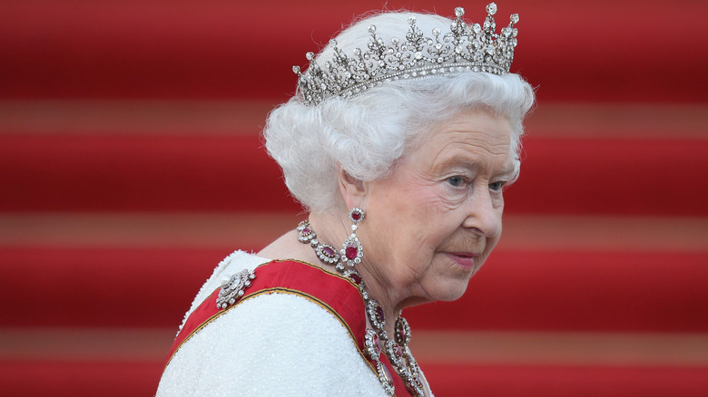 Queen Elizabeth II in crown and diamond necklace