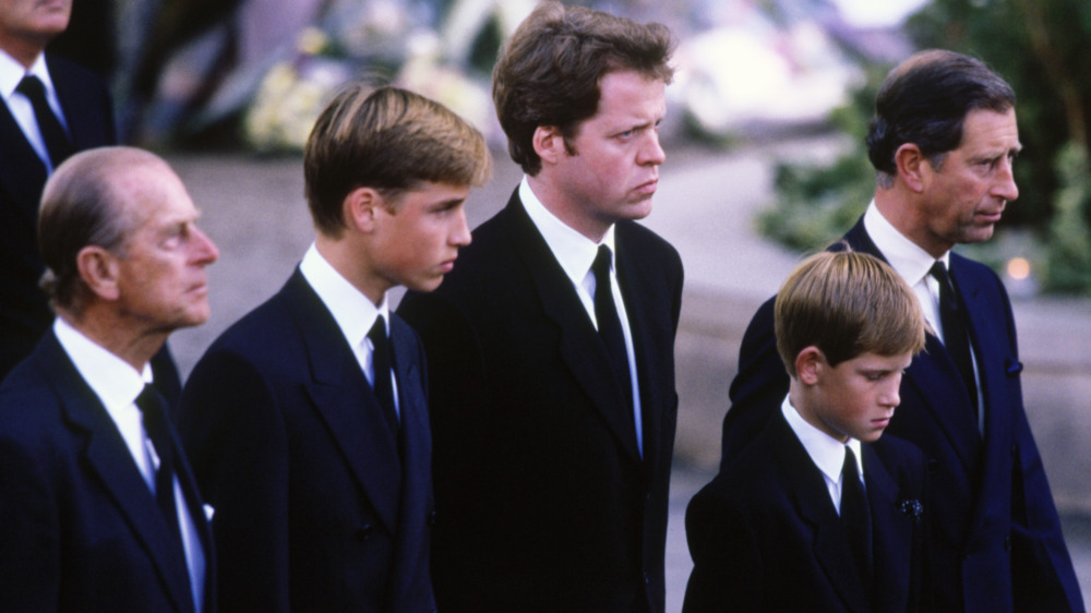 Prince Philip, Prince William, Earl Spencer, Prince Harry, and Prince Charles walking