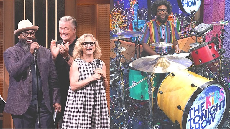 A composite image featuring Tariq Trotter (aka Black Thought of The Roots), Alec Baldwin and Amy Sedaris on the left and Questlove of The Roots at the drums on the left