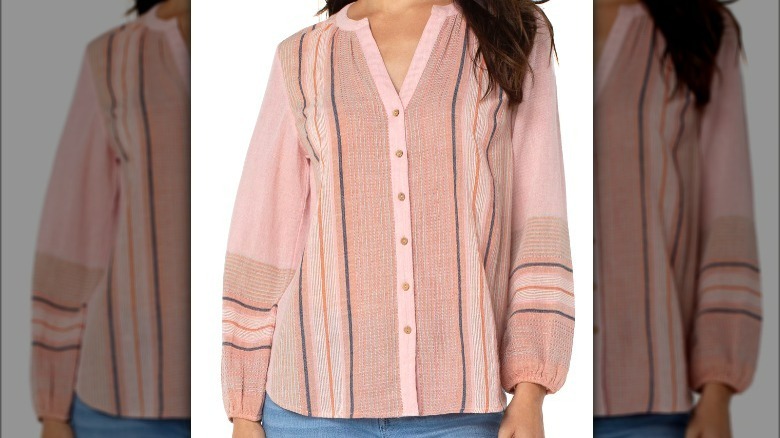 Pink v-neck blouse with stripes