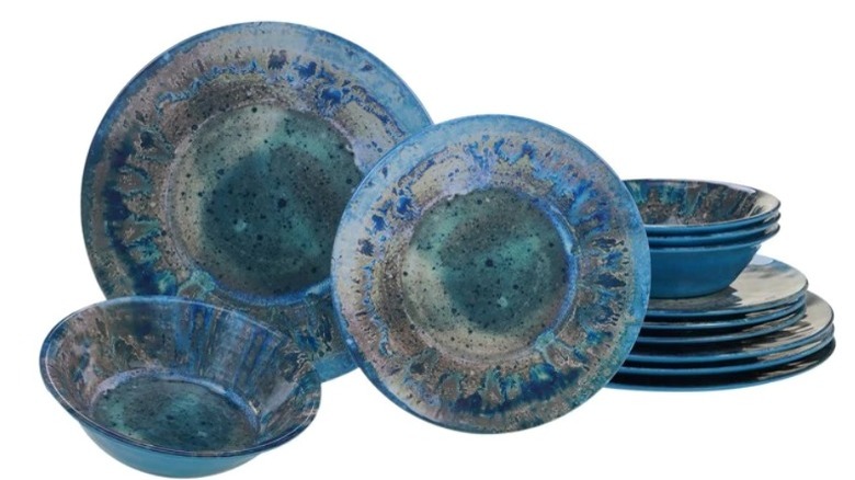 Blue and grey speckled dinnerware