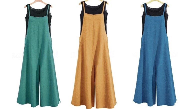Wide leg overalls in green, yellow, and blue