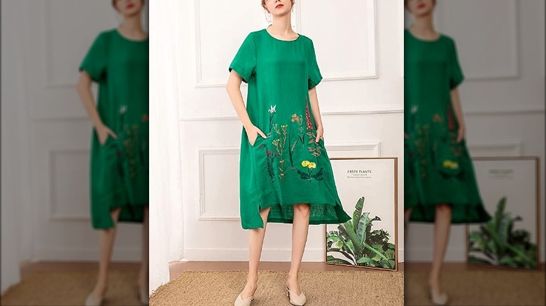 Green dress with embroidered flowers