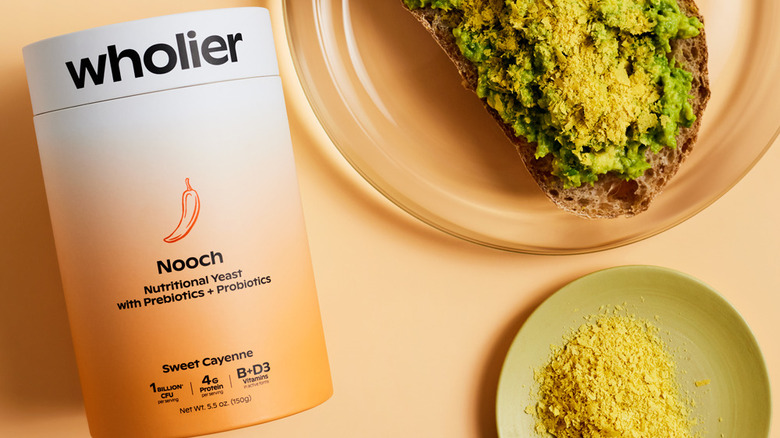 Wholier Nooch packaging and on avocado toast