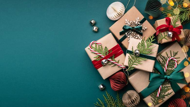 Beautifully wrapped gifts on a green background