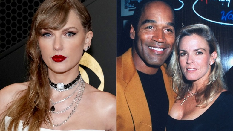 Left: Taylor Swift looks at camera, Right: O.J. Simpson and Nicole Brown Simpson smile side by side