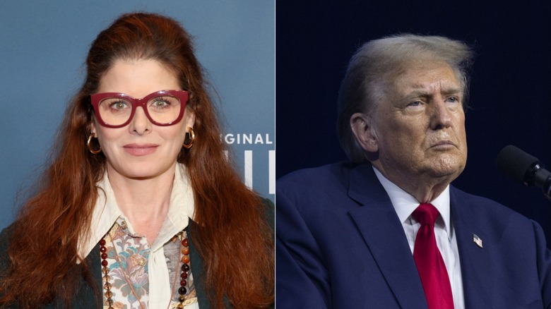 Debra Messing smiling & Donald Trump frowning