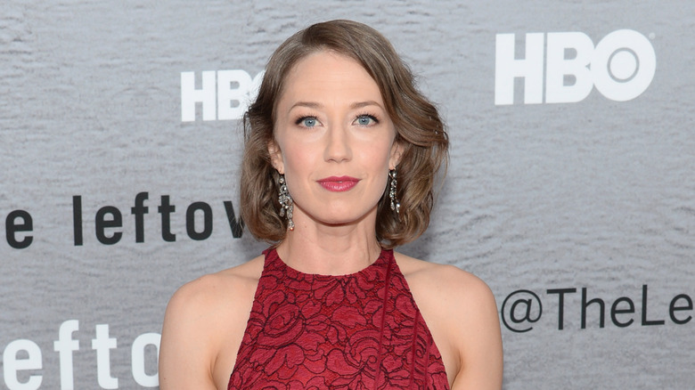 Carrie Coon wearing red dress