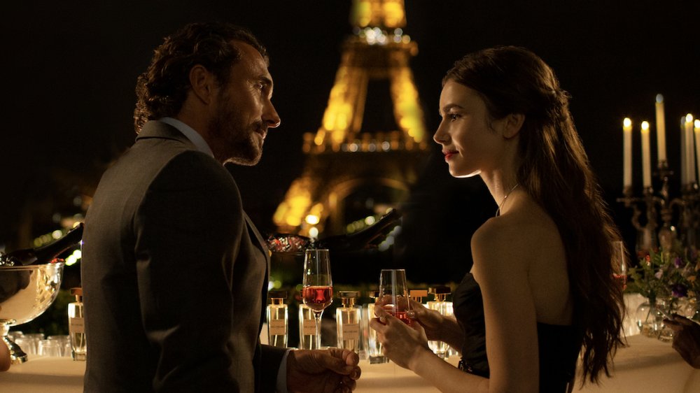 Lily Collins and a male co-star in Emily in Paris