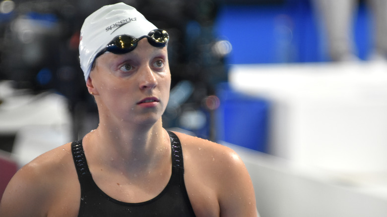 Katie Ledecky wearing a swim cap