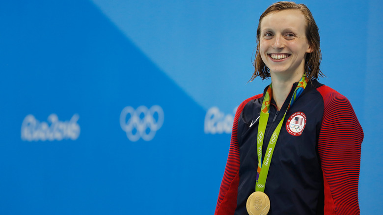 Katie Ledecky wearing a gold medal