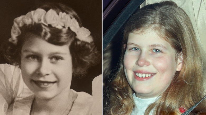 Split image of young Queen Elizabeth and Lady Louise Windsor