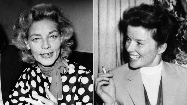 Lauren Bacall and Katharine Hepburn, split image