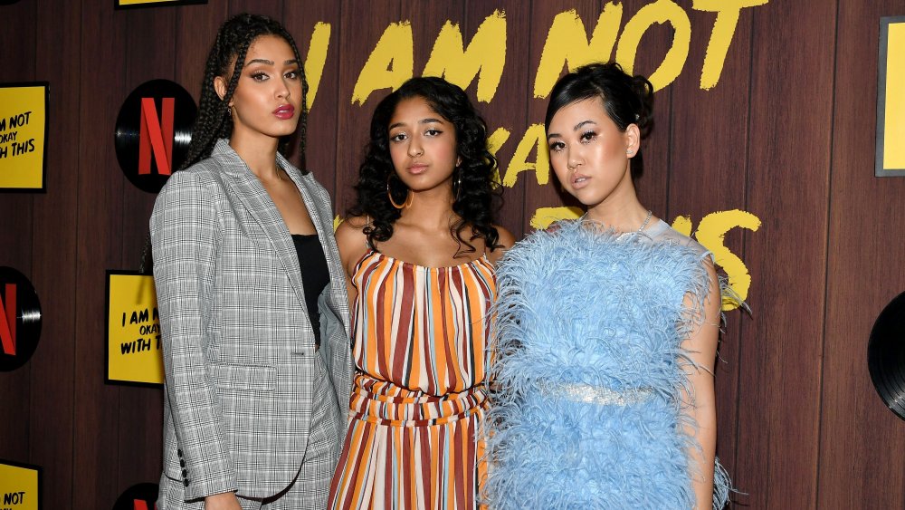 Ramona Young, Lee Rodriguez, and Maitreyi Ramakrishnan attend the premiere of Netflix's "I Am Not Okay With This" at The London West Hollywood on February 25, 2020 in West Hollywood, California.