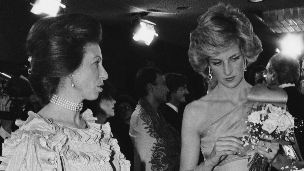 Princess Anne and Princess Diana in black and white