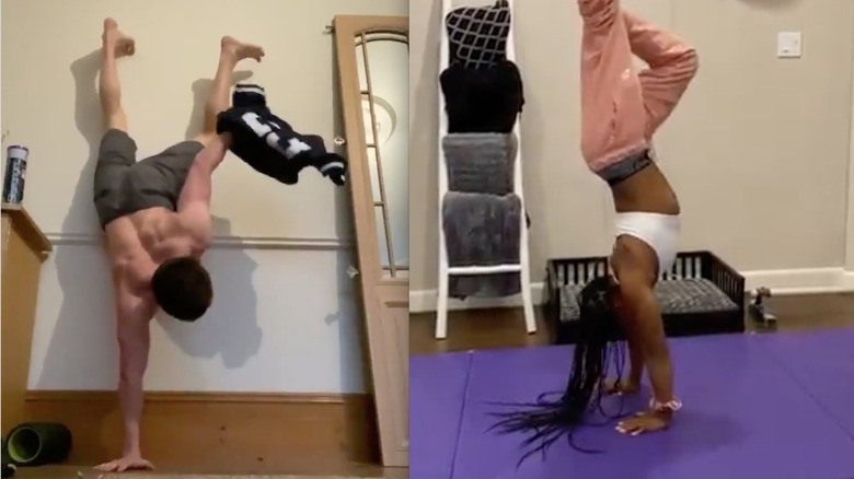 Tom Holland and Simone Biles doing handstands