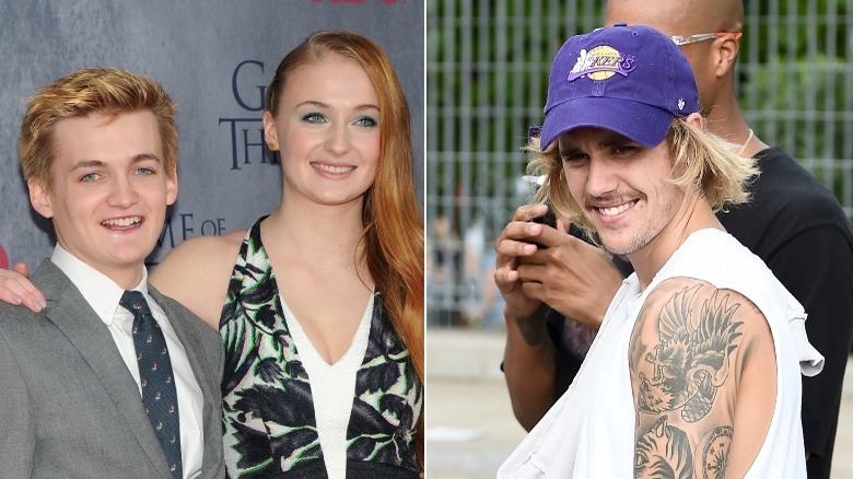 Sophie Turner and a cut out of Justin Bieber