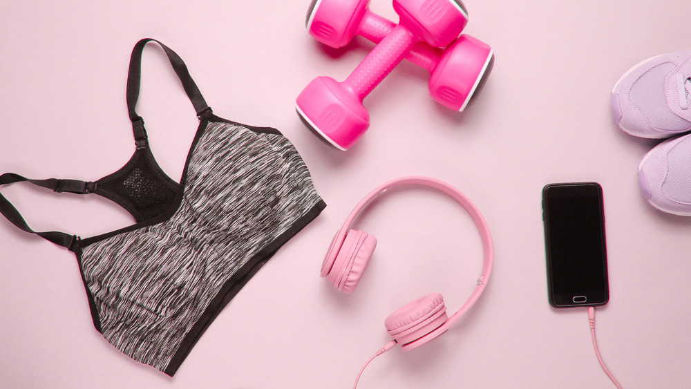 A sports bra and fitness equipment