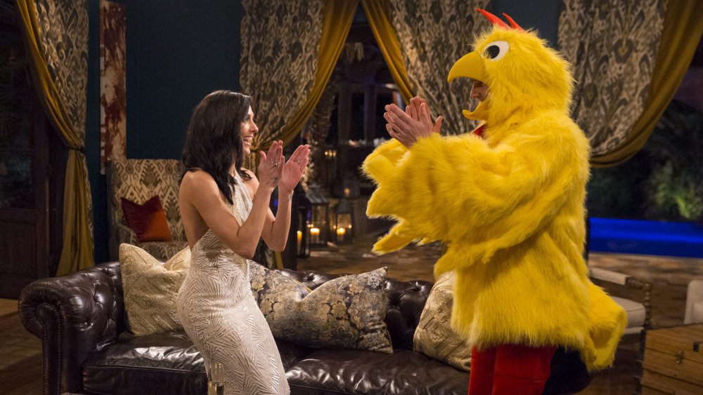 A Bachelorette and a contestant dressed like a chicken