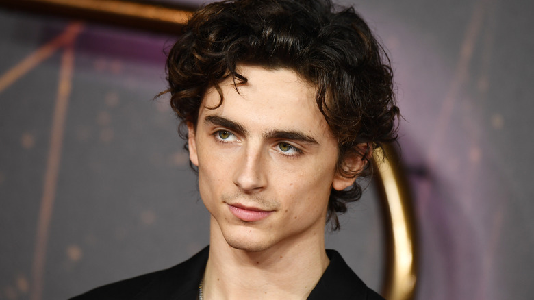 Timothée Chalamet in black shirt with curls falling on forehead