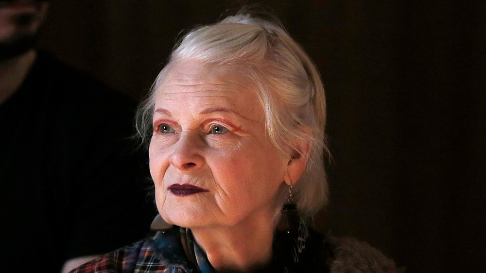 Vivienne Westwood wearing a blue plaid shirt