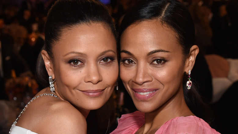 Thandiwe Newton and Zoe Saldana posing