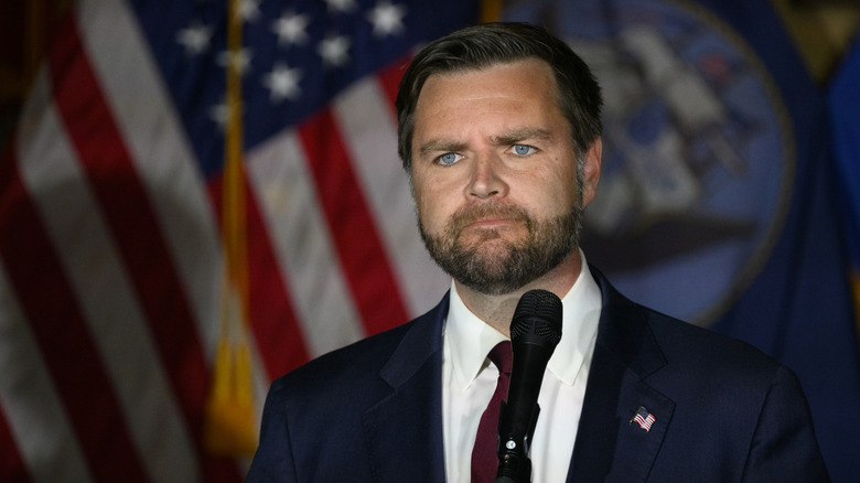 JD Vance frowning while speaking at a campaign rally at VFW Post 92 on August 15, 2024 in New Kensington, Pennsylvania