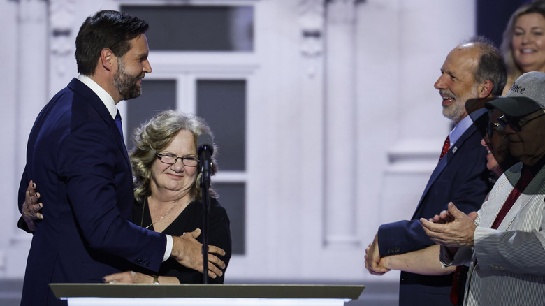 JD Vance and his mom Beverly Vance hugging on stage on the third day of the 2024 Republican National Convention