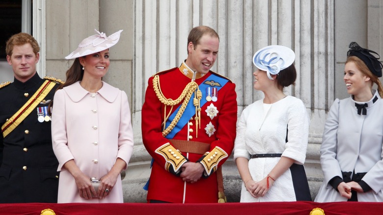 Prince Harry staring & Kate Middleton, Prince William, Princess Eugenie, Princess Beatrice smiling, talking