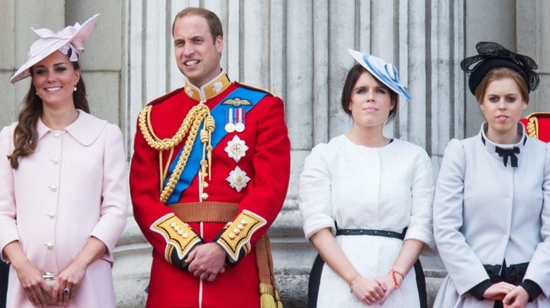 Kate Middleton Prince William smiling & Princess Eugenie Princess Beatrice staring ahead