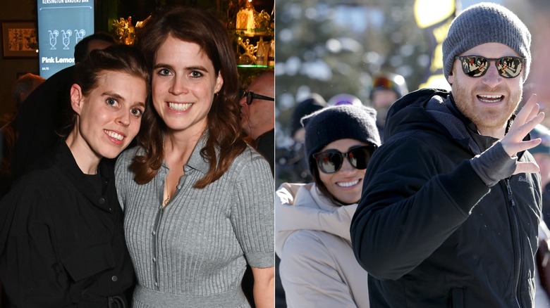 Princess Beatrice Princess Eugenie smiling & Meghan Markle Prince Harry smiling